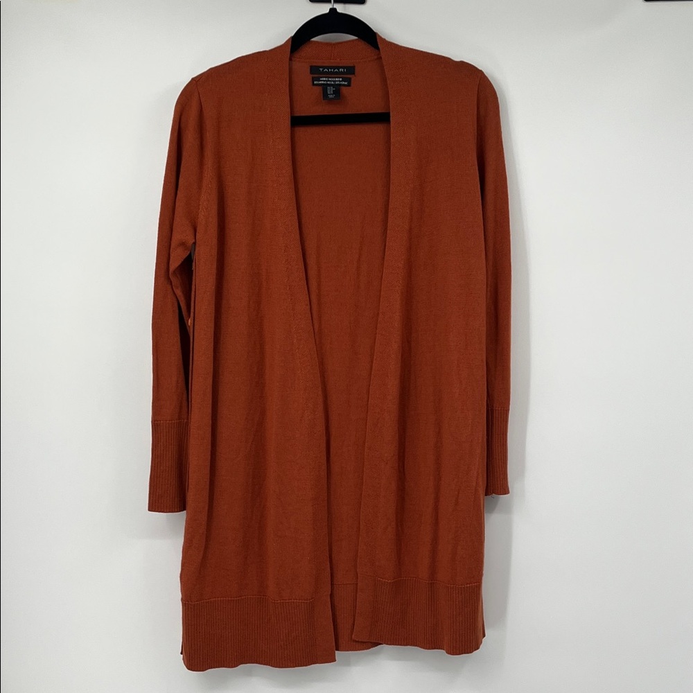 Tahari Rust Orange Open-Front Long Merino Wool Blend Cardigan Size Medium